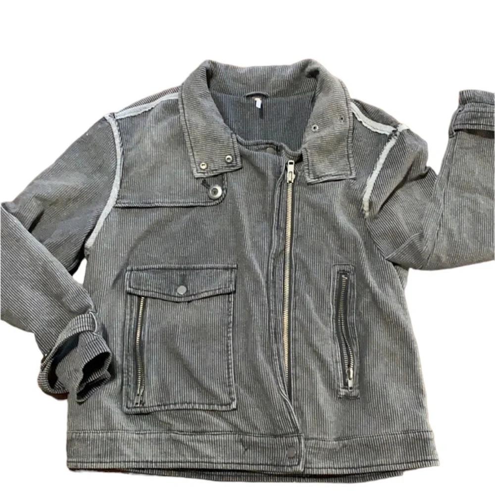 Free People Jacket oversized Moto Railroad Conductor Pinstripe knit bomber black - Picture 9 of 10
